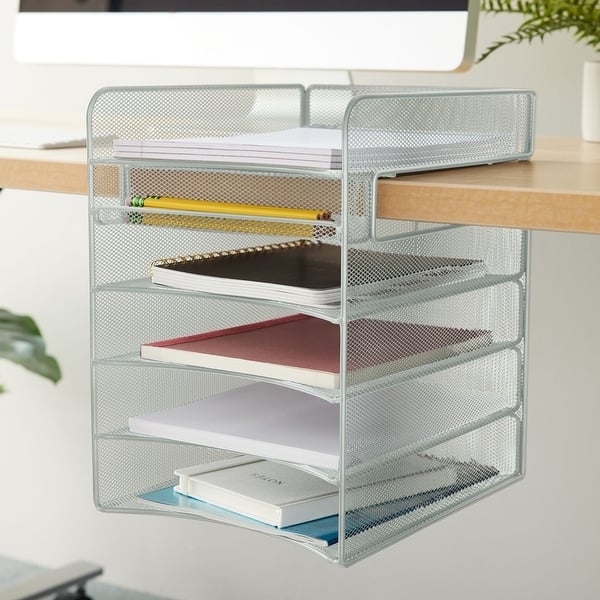 Hanging Desk Organizer Silver Mesh Tiered Slots Over Door Hooks