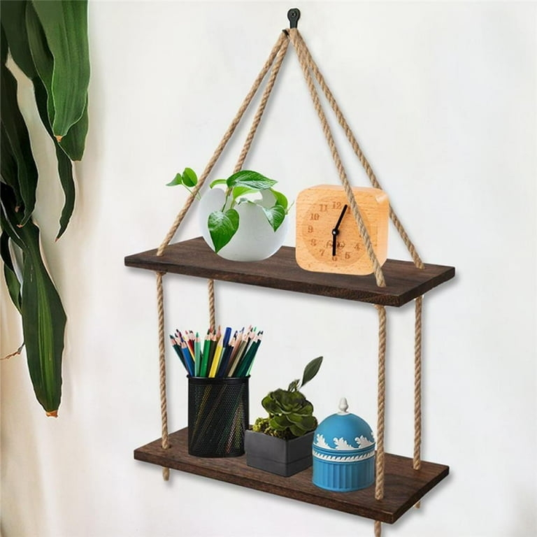 Hanging Shelf Boho Wood Rope Suspension Three Tier Rustic Design