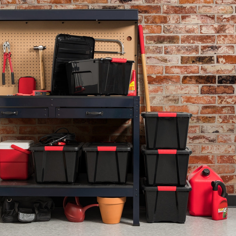 Heavy Duty Black Storage Bins with Red Latches for Garage Organization
