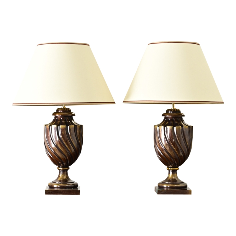 Heavy Table Lamps Pair: Antique Urn Bases with Tapered Drum Shades