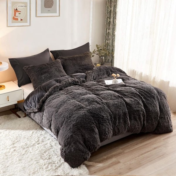 High Pile Shag Duvet Cover Set, Dark Gray Plush Microfiber Ideas
