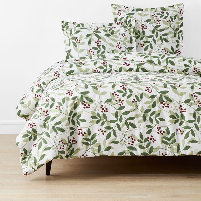 Holiday Print Velvet Flannel Duvet Set, Botanical Red Green