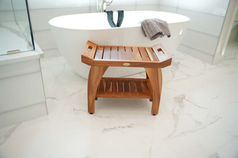 Honey Brown Wood Shower Bench Curved Slatted Seat