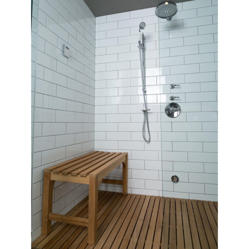 Honey Toned Shower Bench with Integrated Handles and Support Stretcher