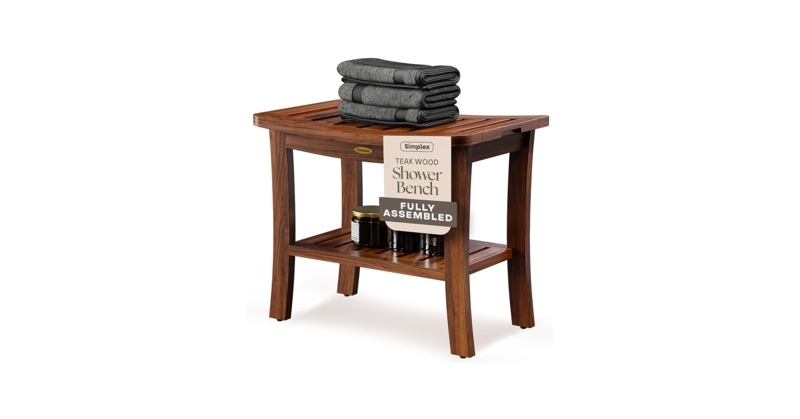 Honey Wood Tone Shower Bench with Two Tier Storage Shelf