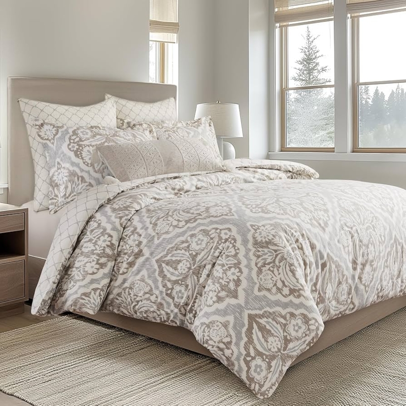 Ikat Pattern Duvet Cover Set Taupe Grey Cotton Global Boho Bedding