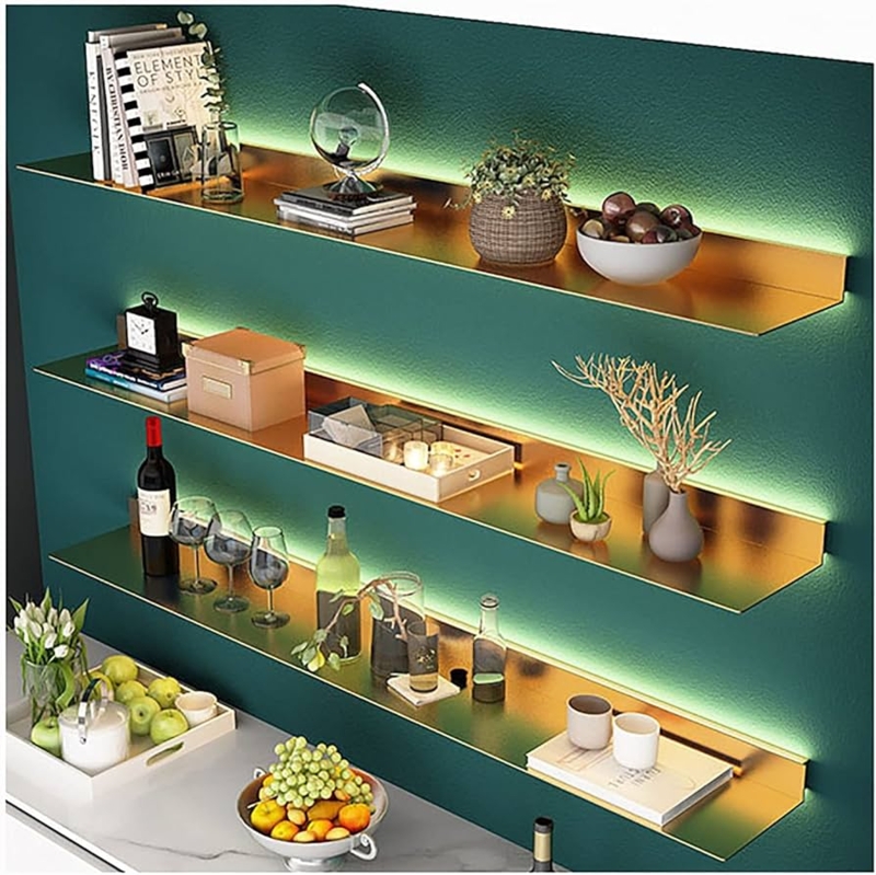 Illuminated Floating Shelf, Integrated LED, Modern Black Metal, Bar Accent