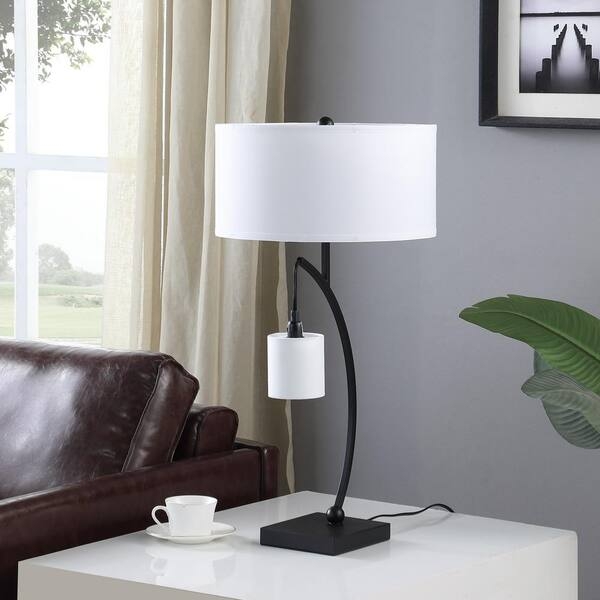 Industrial Arched Table Lamp, Black Metal, Dual Pull Chains, Drum Shade