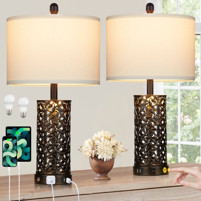 Industrial Black and Gold Table Lamps Set with Nightlights