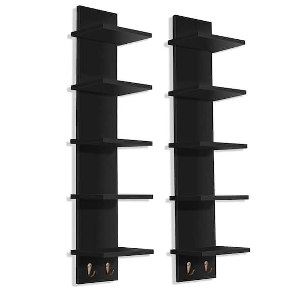 Industrial Black Metal and Wood Wall Shelves with Ladder Frame Design