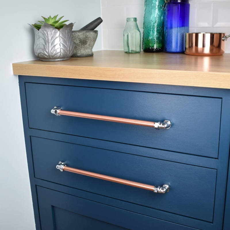 Industrial Cabinet Pull: Two-Tone Copper and Chrome Finish, Standoff Mounts.