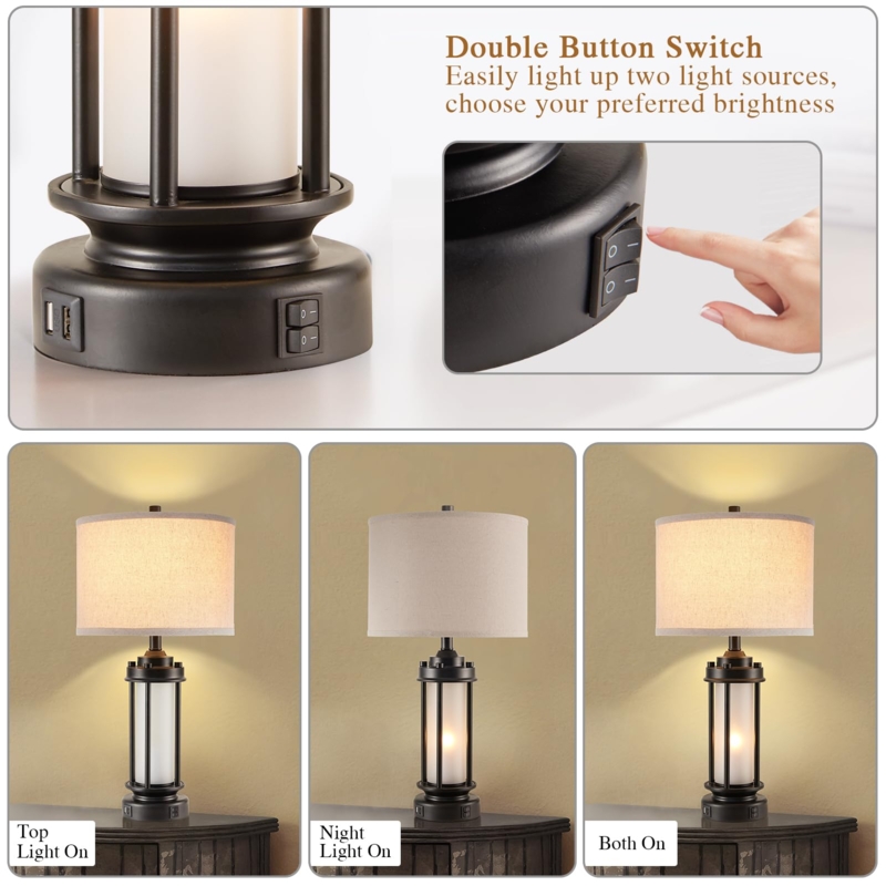 Industrial Cage Table Lamp Set Glass Nightlight Base Metal Frame