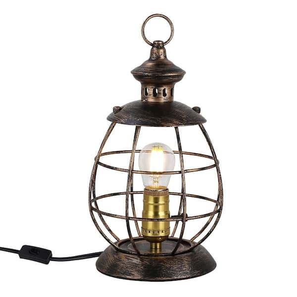 Industrial Contemporary Table Lamp Brass Wire Cage Shade Curved Arm