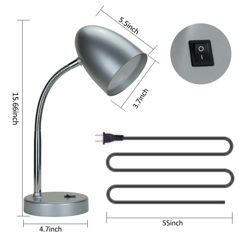Industrial Desk Lamp Brushed Silver Finish Flexible Gooseneck Base