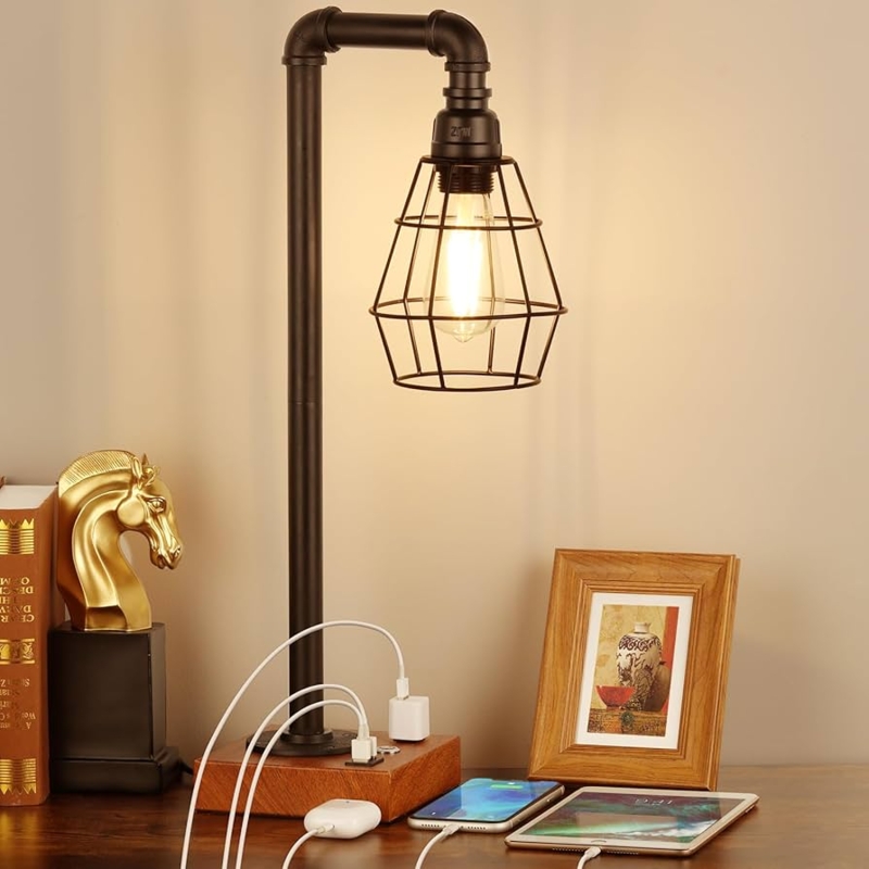 Industrial Desk Lamp Glass Cylinder Shade USB Port AC Outlet Black