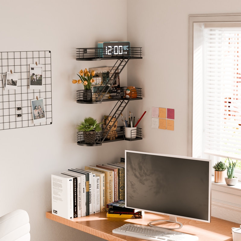 Industrial Fire Escape Wall Shelf, 3-Tier Black Metal, Urban Loft Decor