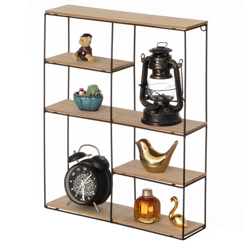 Industrial Four Tier Wall Shelf with Black Metal Frame & Wood Tiers
