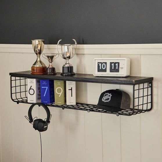 Industrial Matte Black Wall Shelf Tower with Wire Grid Back and Hooks