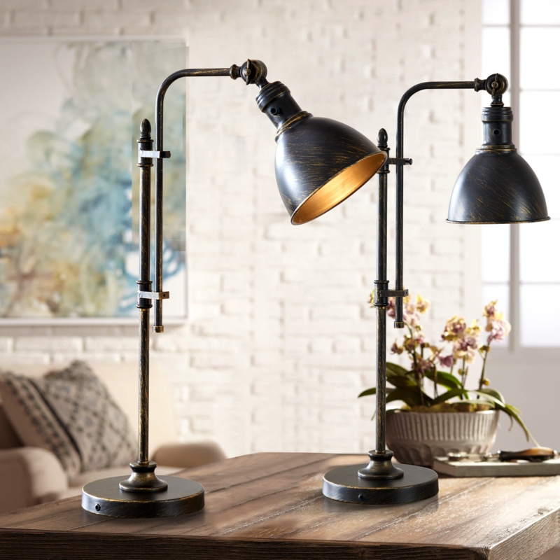 Industrial Metal Desk Lamp with Adjustable Boom Arm in Dark Grey