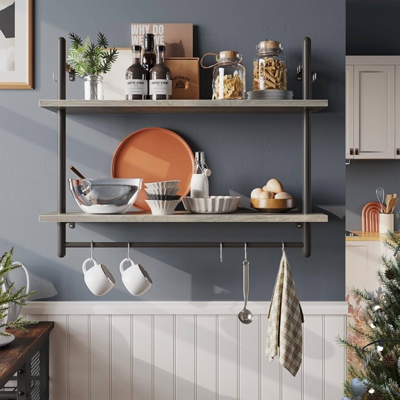 Industrial Pipe Shelving Unit with Hanging Bar for Coffee Setup