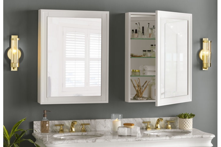 Industrial Style Recessed Medicine Cabinet with Silver Metal Frame.