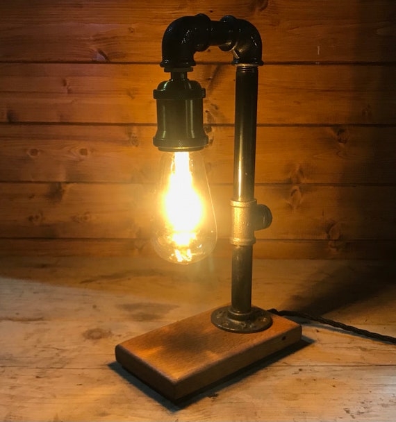 Industrial Table Lamp Chunky Wood Base Exposed Edison Bulb Toggle Switch
