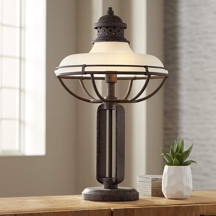 Industrial Table Lamp Large Glass Dome Tripod Metal Frame Exposed Bulb