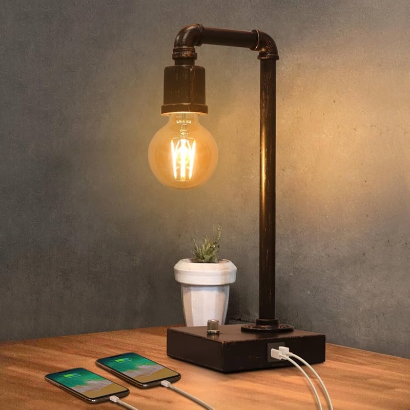 Industrial Table Lamp Pipe Frame USB Charging Dimmable Bedside