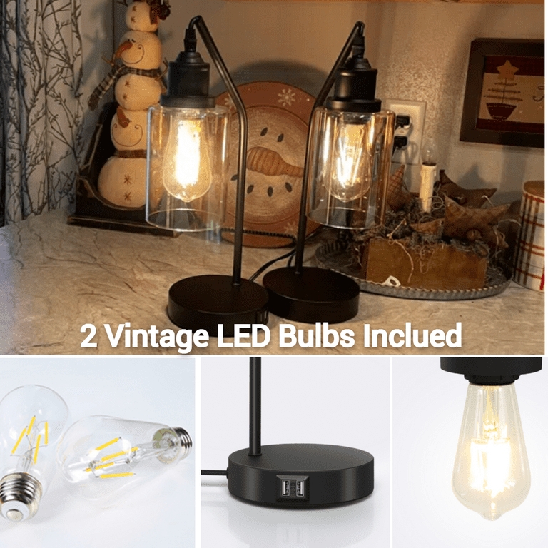 Industrial Table Lamp Set Dimmable Touch Glass Cylinder Base USB