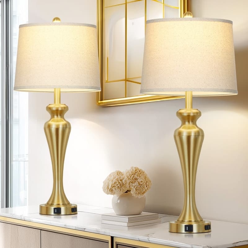 Industrial Table Lamp Set, Gold Caged Base, Dual Lighting, USB Port