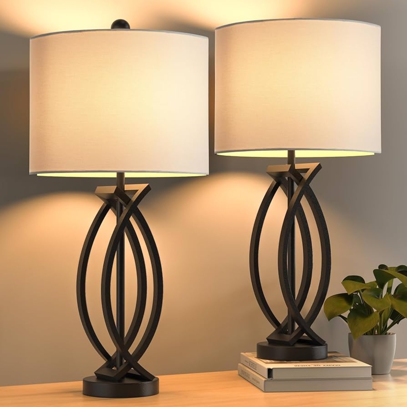 Industrial Table Lamp Set of 2, Matte Black Open Frame Design