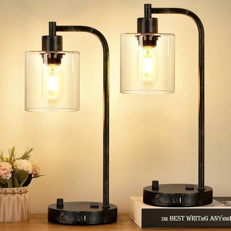 Industrial Table Lamp Set Seeded Glass USB Port Rustic Black