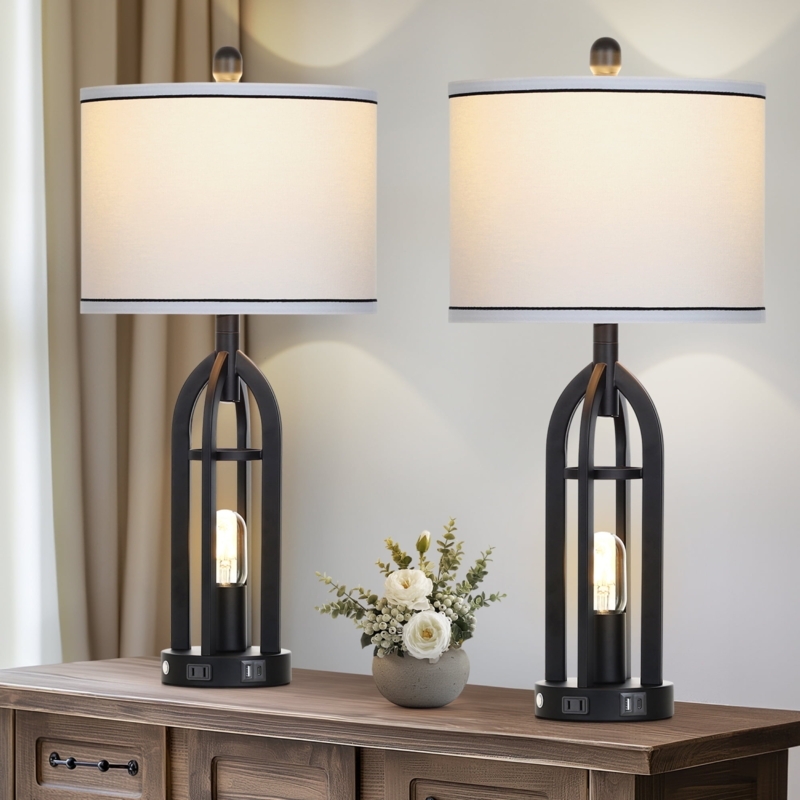 Industrial Table Lamp Set with Black Metal Mesh Cage Base and USB