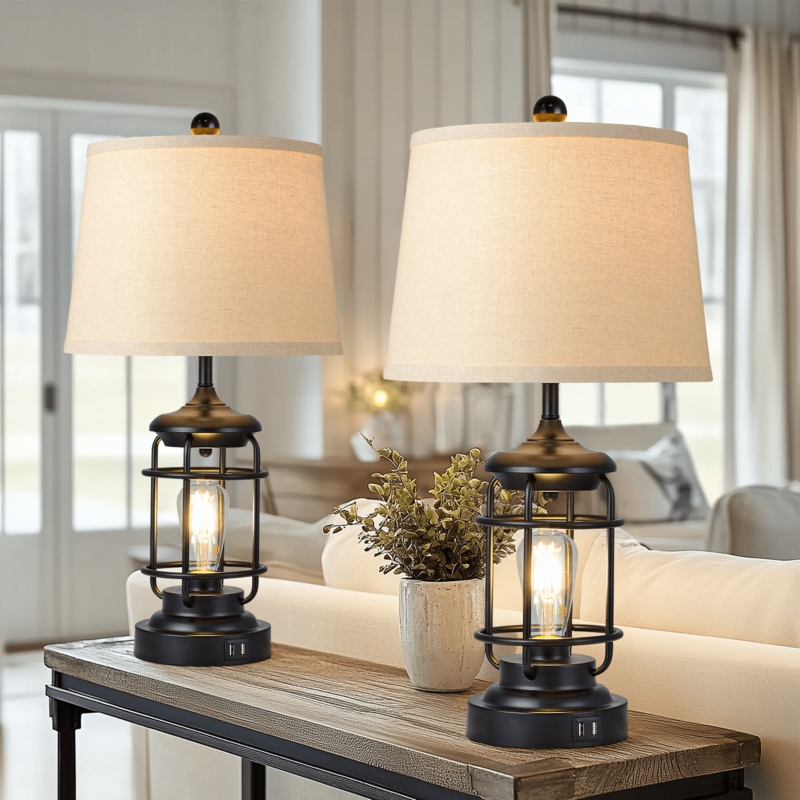 Industrial Table Lamps Black Metal Cage Base with Edison Bulbs and USB
