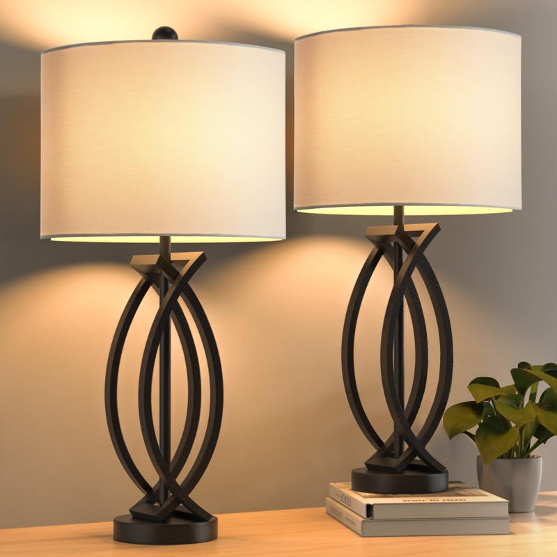 Industrial Table Lamps Set with Black Cage Bases and White Shades