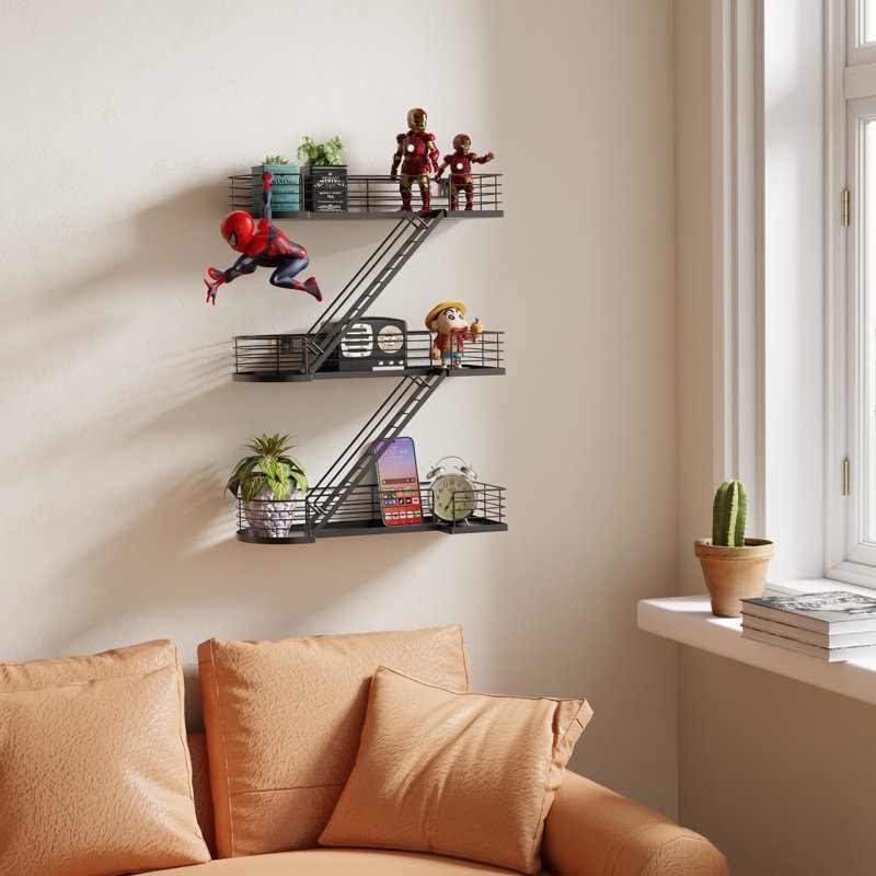 Industrial Wall Display, Fire Escape Design, 3-Tier Black Metal, Urban Style