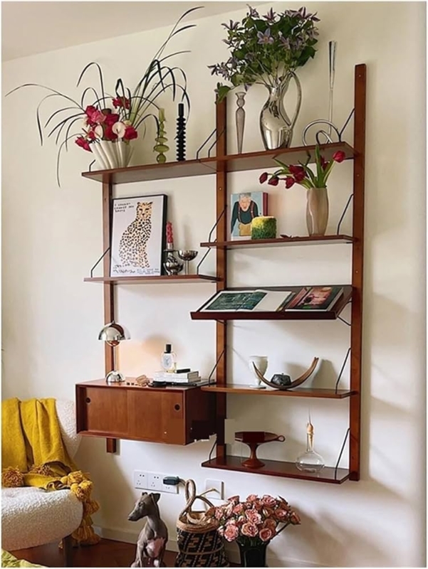 Industrial Wall Shelf: Four Tier Ladder Style Frame Wood Toned