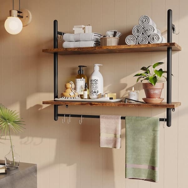 Industrial Wall Shelf: Metal Mesh Back with Towel Bar and Hooks