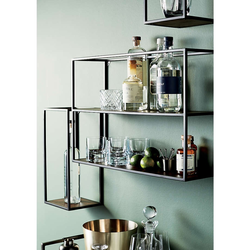 Industrial Wall Shelf with Slim Black Metal Frame and Wood Tiers