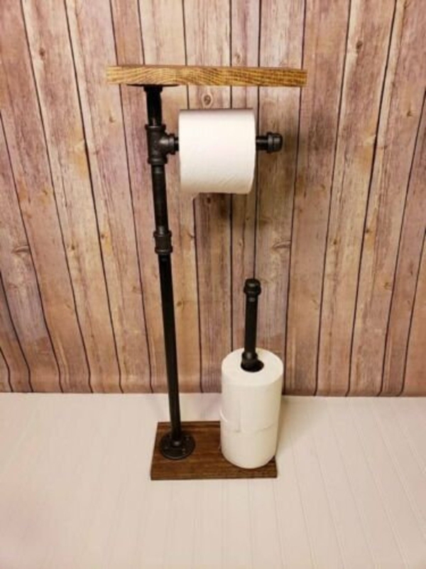 Industrial Wood Shelf Toilet Paper Holder with Weighted Stone Base
