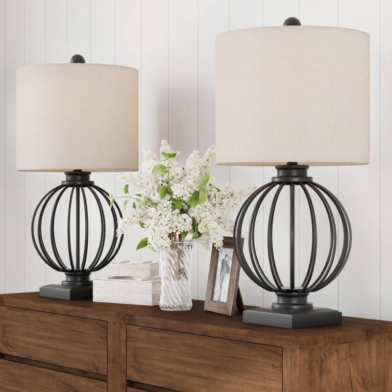 Industrial Wrought Iron Orb Cage Table Lamp Set of 2