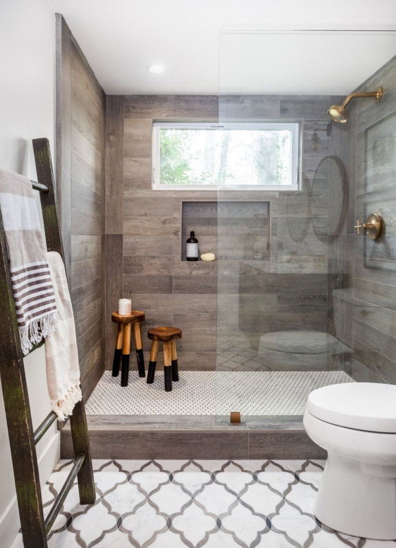 Integrated Stone Shower Bench Marble Veining Black Hardware Accents Spa
