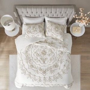 Ivory and Taupe Duvet Cover Set with Chenille Medallion Pattern