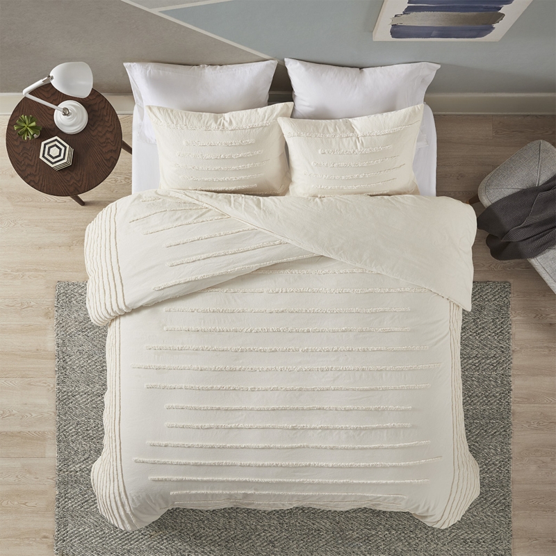 Ivory Cotton Duvet Cover Set with Large-Scale Chenille Diamond Tufting
