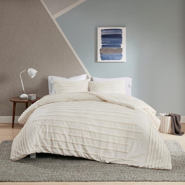 Ivory Cotton Duvet Cover Set with Raised Chenille Diamond Pattern