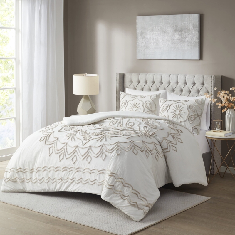 Ivory Cotton Duvet Cover Set with Tufted Chenille Circular Pattern