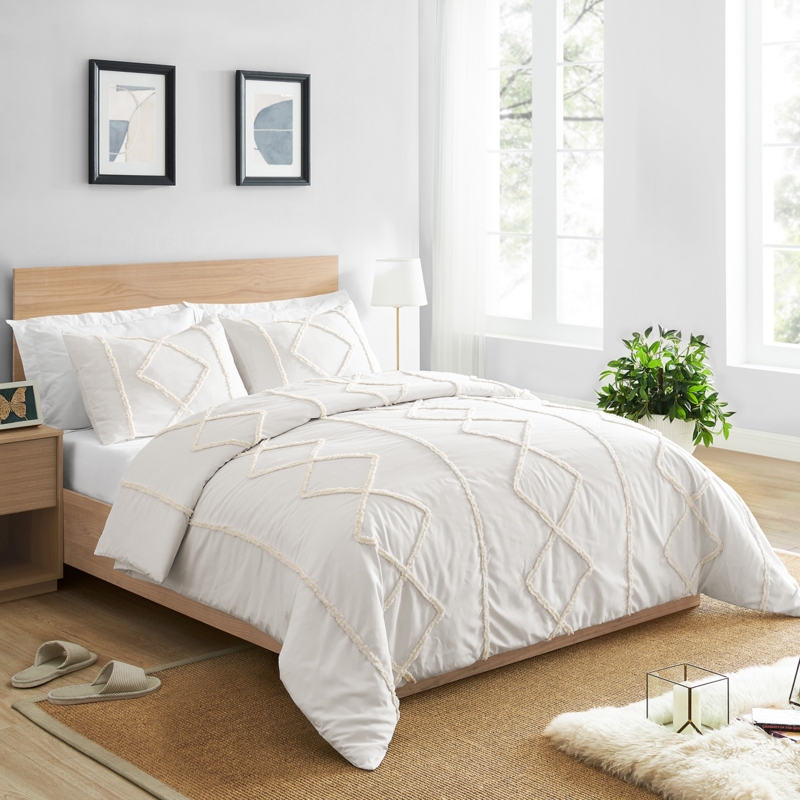 Ivory Duvet Cover Set, Modern Boho Diamond Tufted Duvet Cover Set