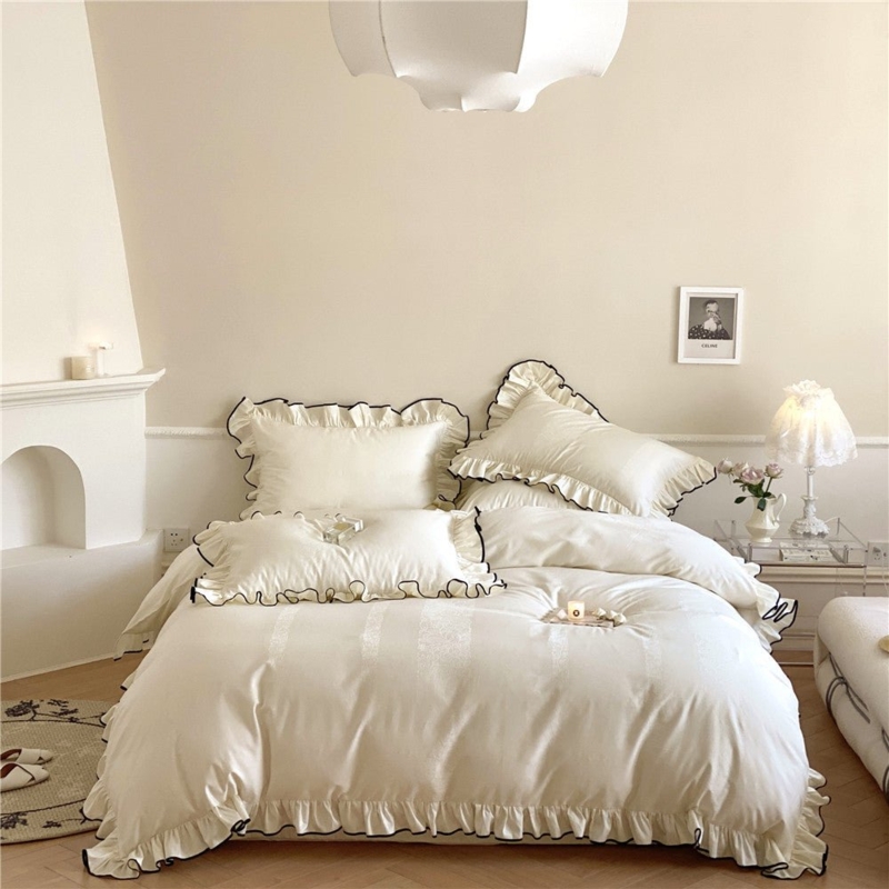 Ivory Duvet Cover Set Ruffled Edges Silky Fabric Scandinavian Bedding
