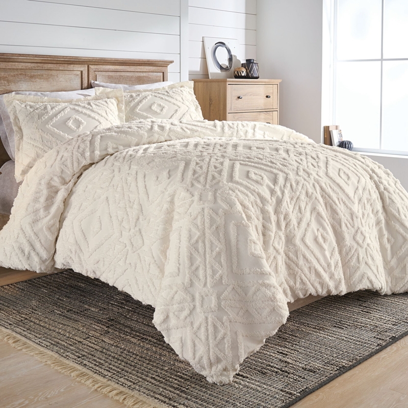 Ivory Duvet Cover Set with Clipped Chenille Geometric Texture