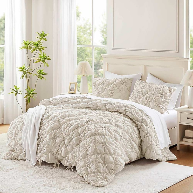 Ivory Ruched Comforter Set: Textured Fabric Transitional Cozy Bedroom Decor